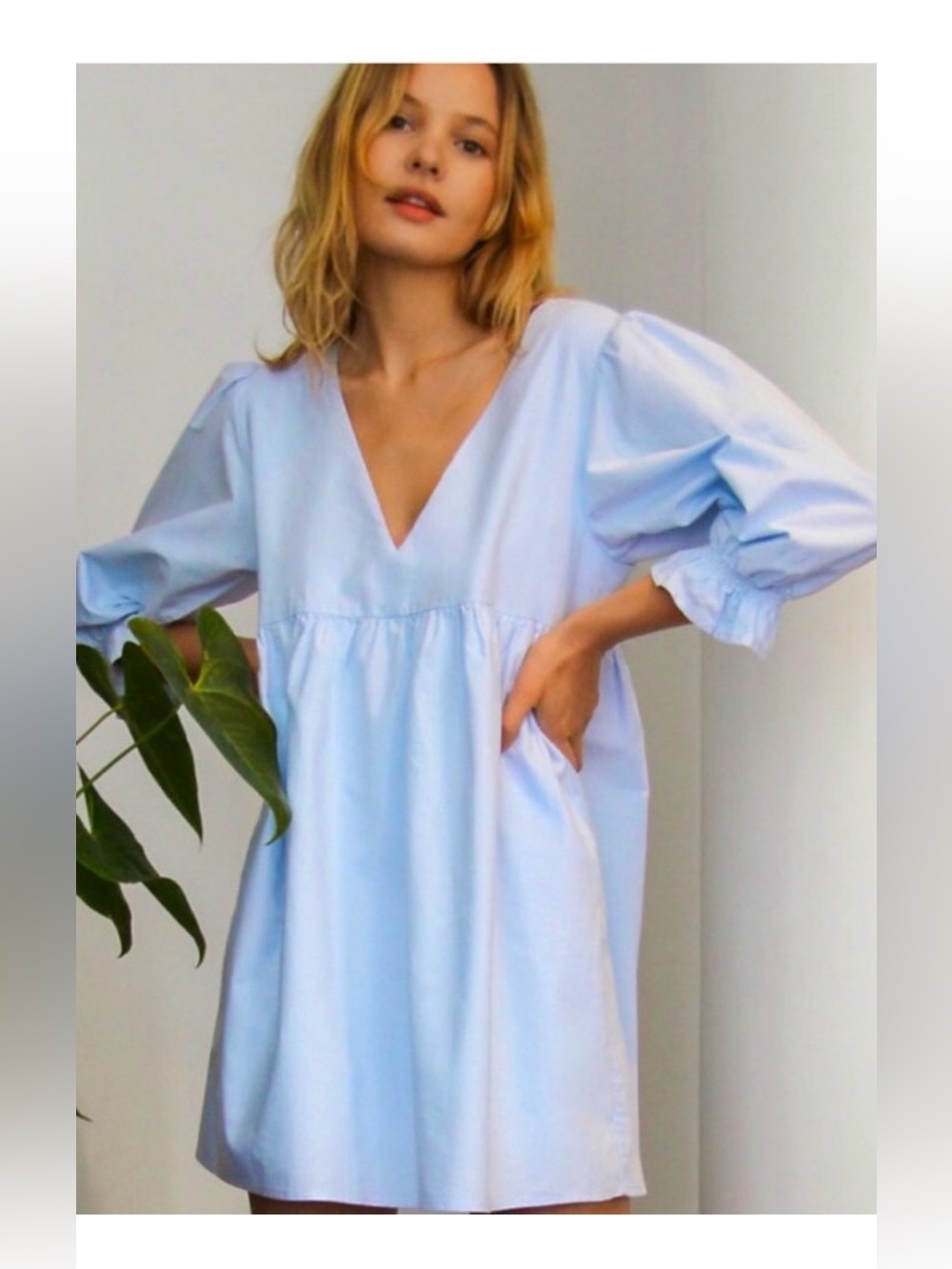Sunday Best Light Blue V-Neck Dress with Puff Shoulders built in shorts